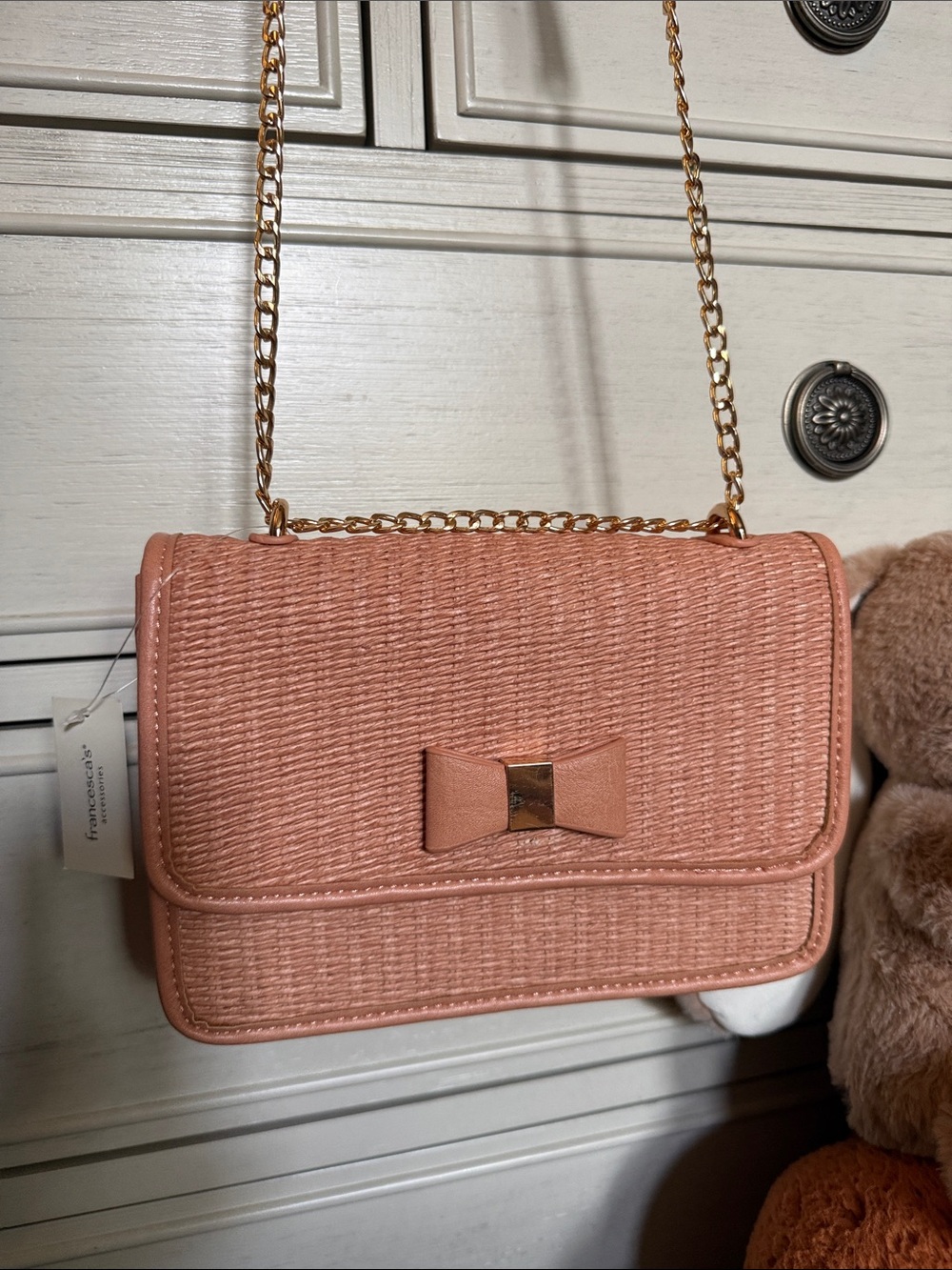 Francesca's Collections pinkish woven Crossbody Bag with Gold Chain